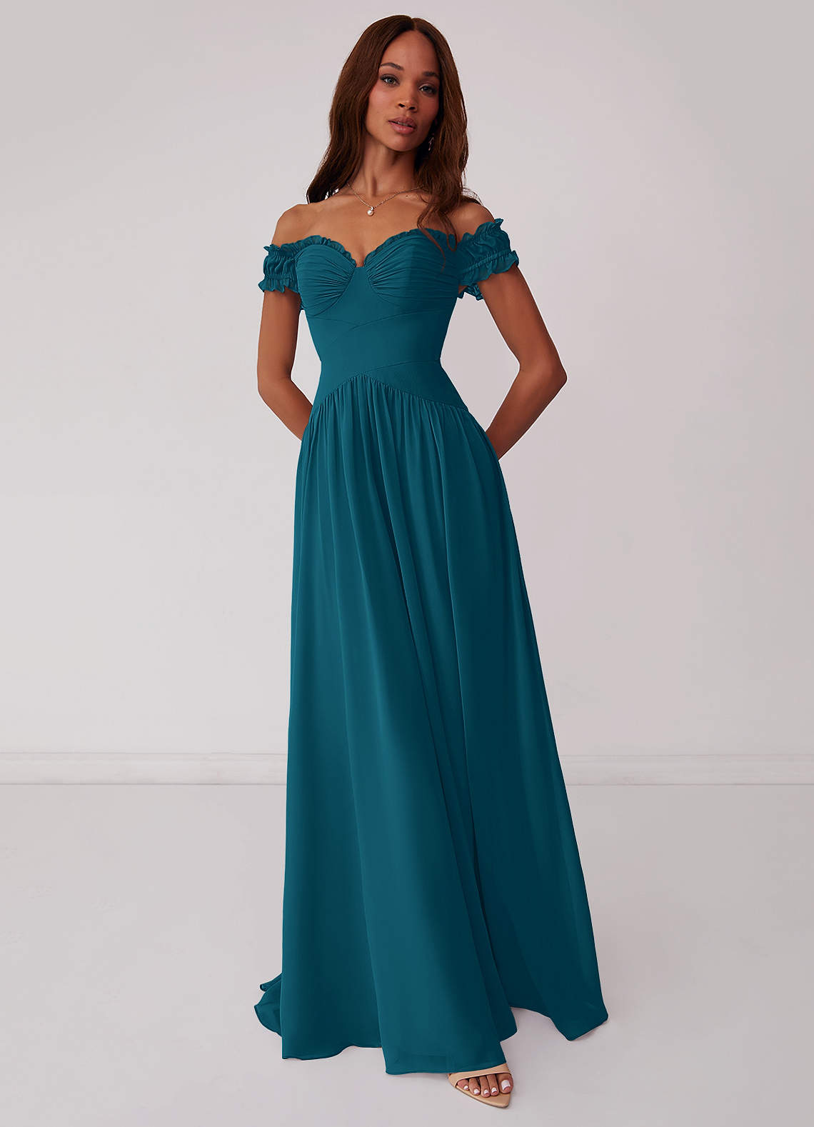 Barbie ♥ Azazie Bridesmaid Dresses Ink Blue A-Line Off the Shoulder Chiffon Convertible Dress image1