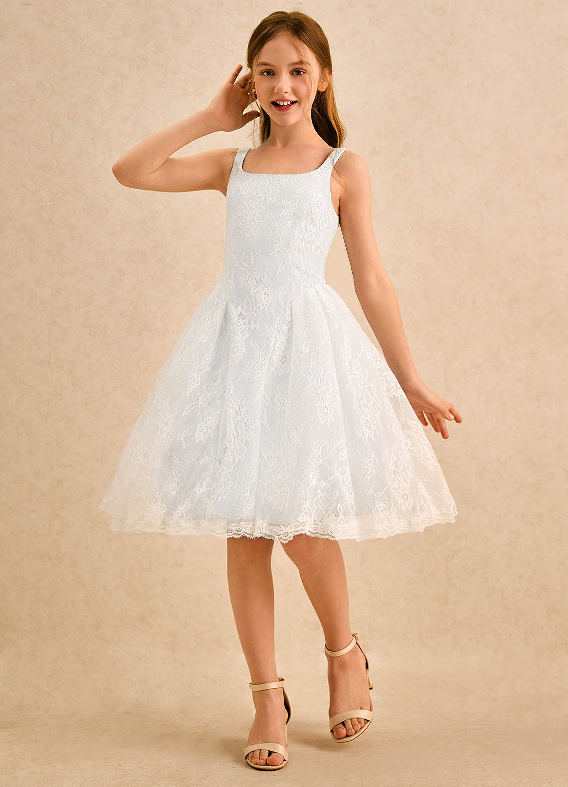 Azazie A-Line/Princess Square Neck Knee-Length Lace Flower Girl Dresses - White