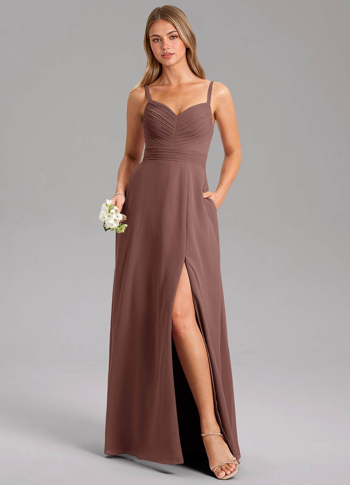 Azazie Terese Bridesmaid Dresses Espresso A-Line Pleated Chiffon Dress image1