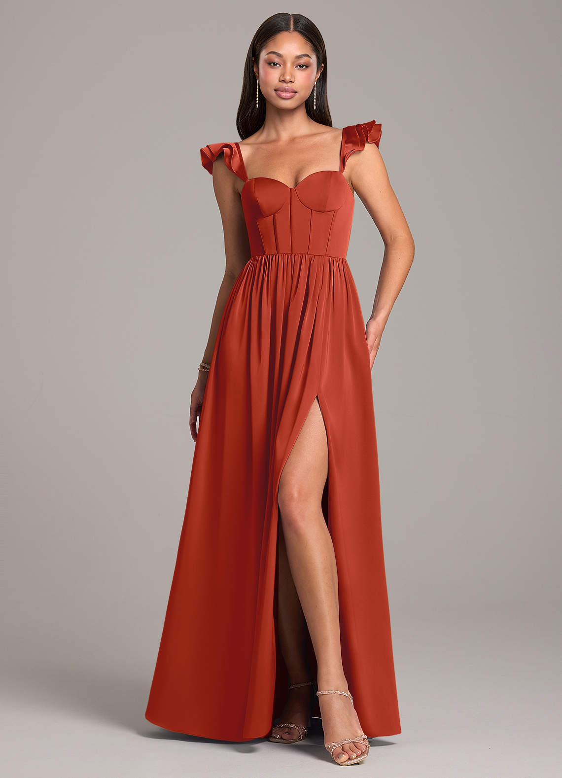 Azazie Denisse Bridesmaid Dresses Rust A-Line Ruched Stretch Satin Dress image1