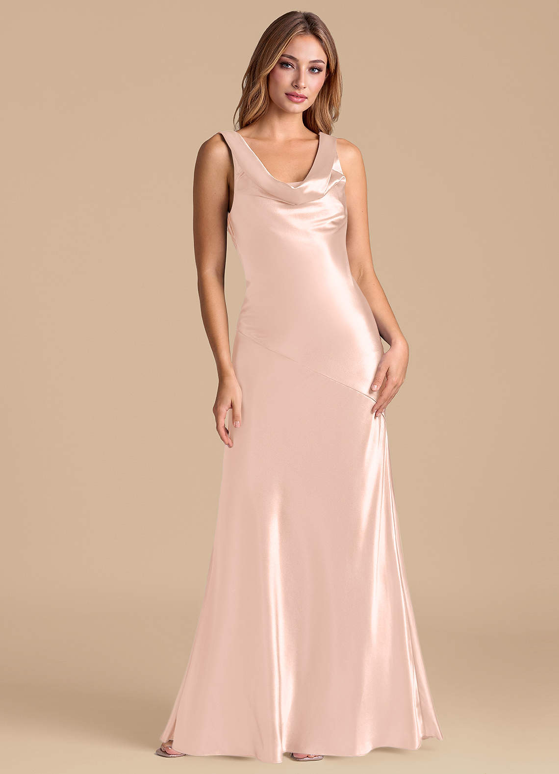 Azazie Rylina Rose Gold Metallic Satin Bridesmaid Dresses | Azazie