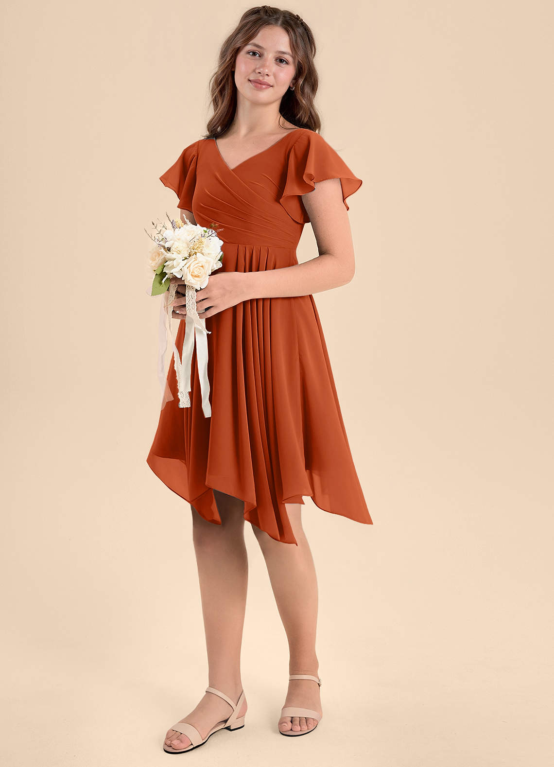 Azazie Janeaurelia Junior Burnt Orange A-Line Pleated Chiffon Dress image1