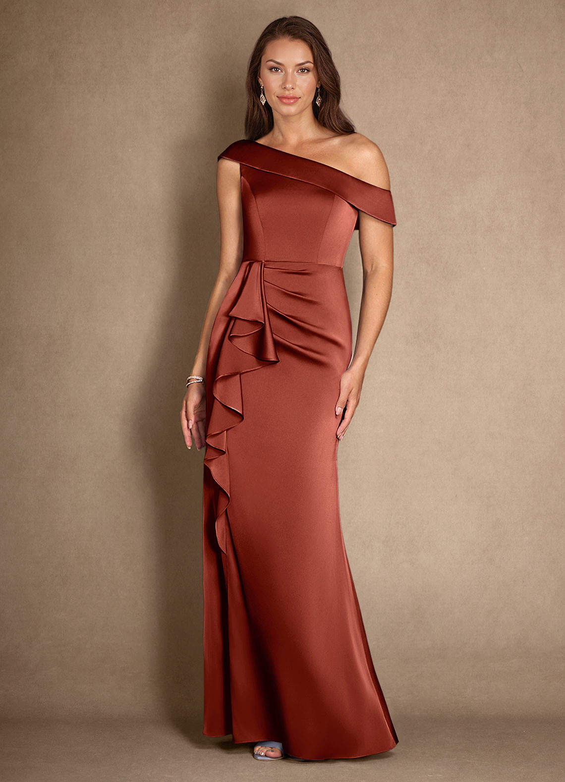 Azazie Hamptons Mother of the Bride Dresses Terracotta A-Line Pleated Stretch Satin Dress image3
