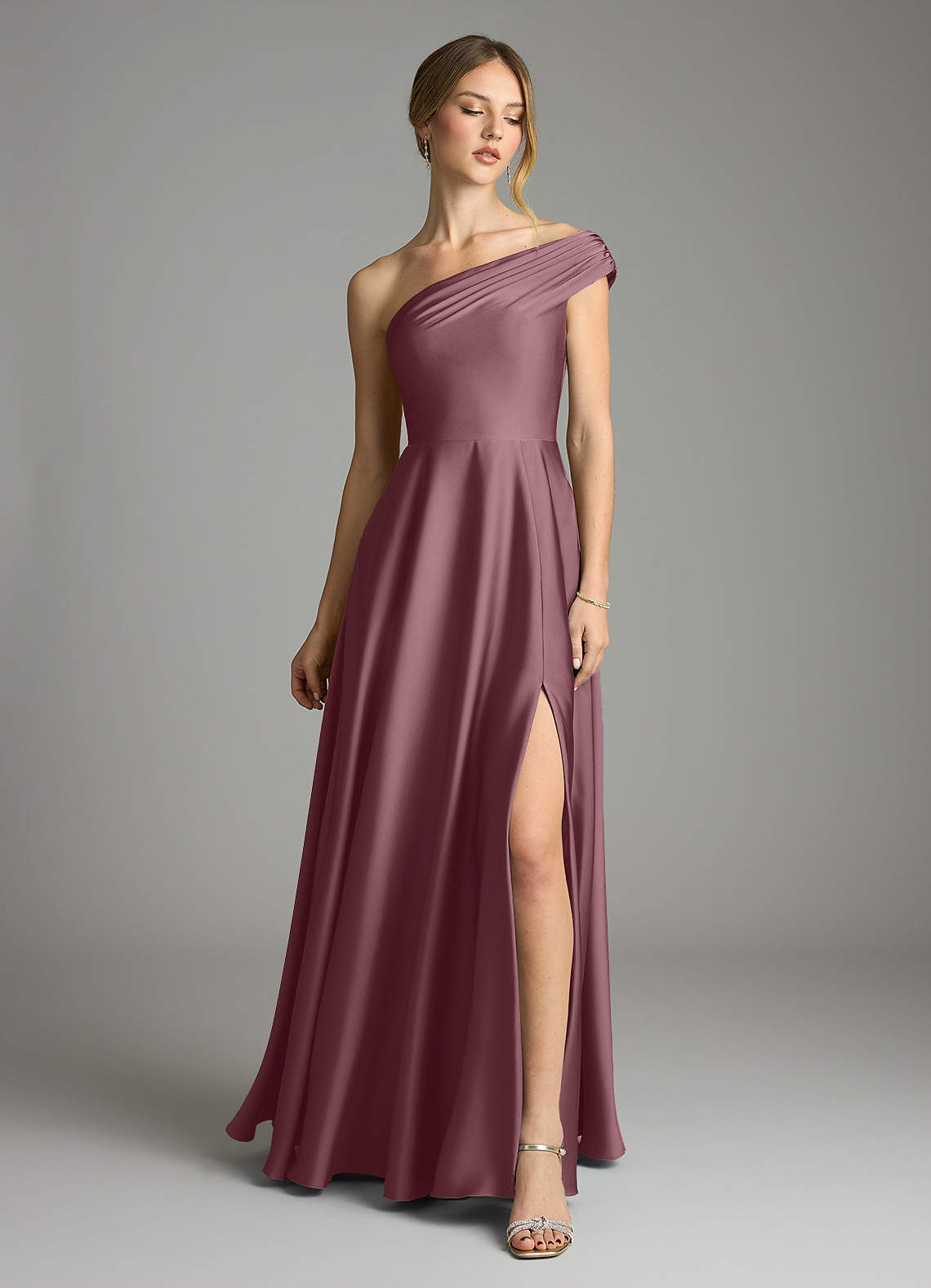 Azazie Melanie At-home Try On Dresses Amethyst A-Line Off the Shoulder Stretch Satin Dress image2