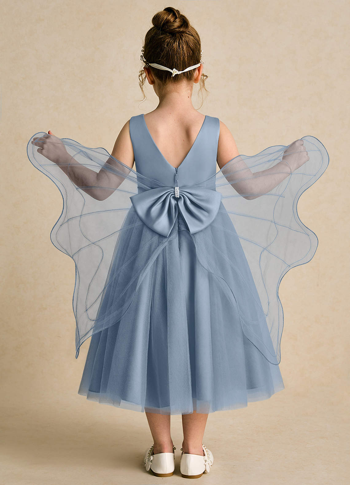 Azazie Pear Flower Girl Dresses Dusty Blue Ball-Gown Bow Tulle Dress image1