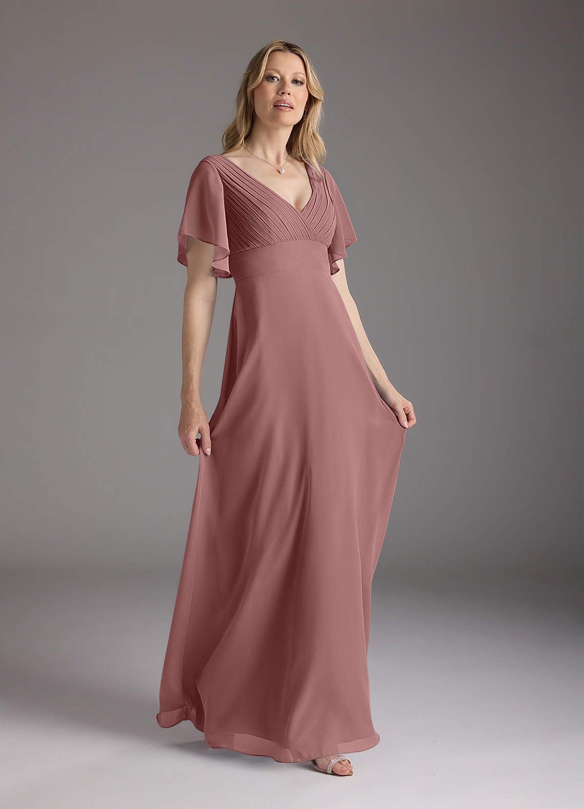 Azazie Alessa Desert Rose A-Line V-Neck Pleated Chiffon Dress