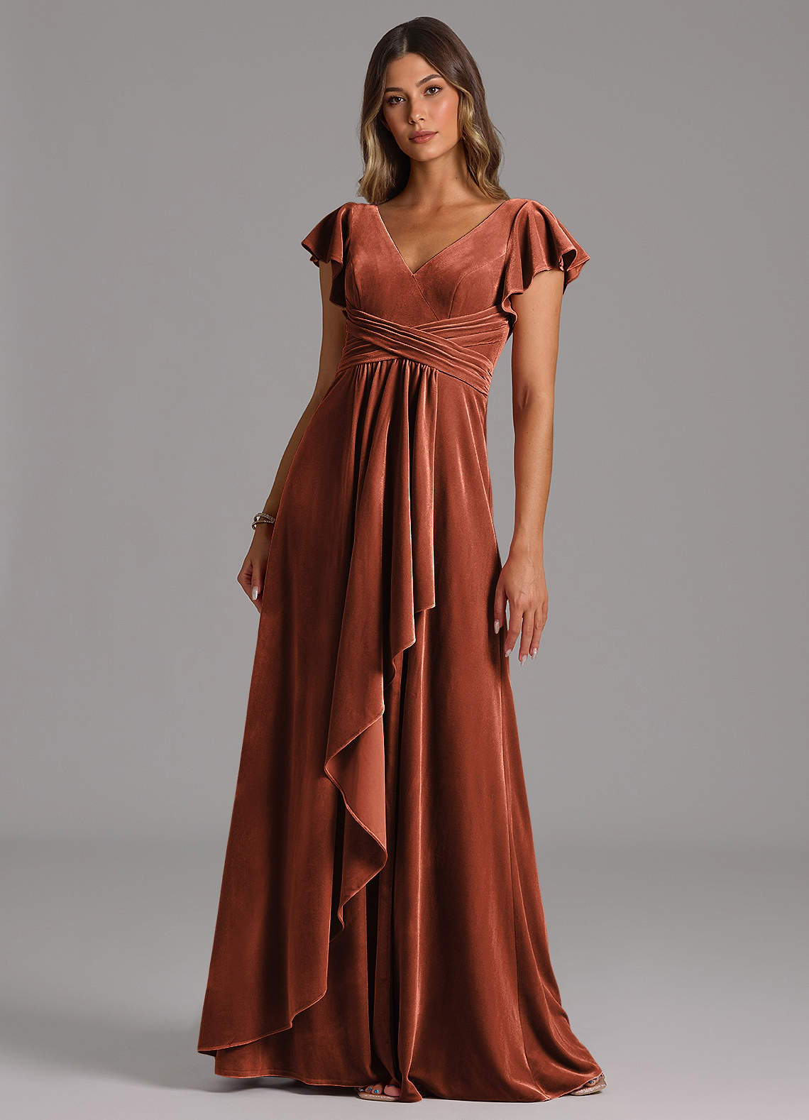 Azazie Omari Bridesmaid Dresses Terracotta A-Line Pleated Velvet Dress image1