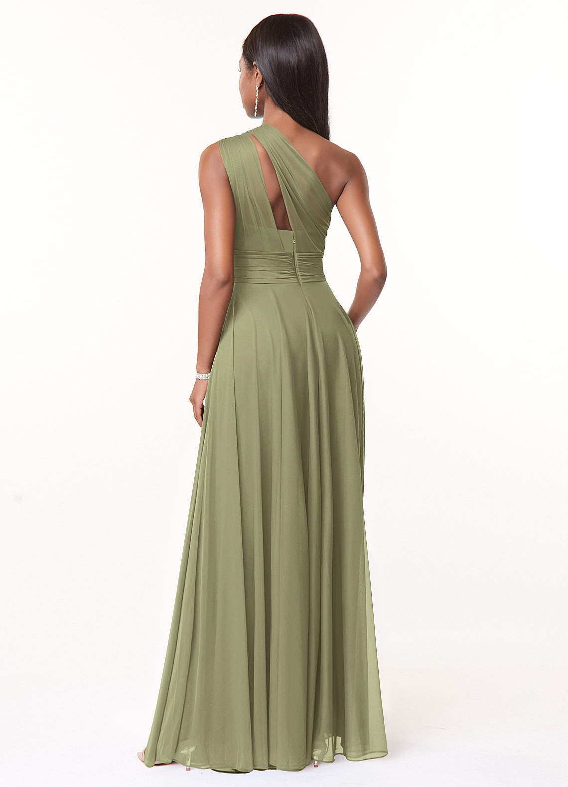 Azazie Charlize Bridesmaid Dresses Pistachio A-Line One Shoulder Mesh Dress image1
