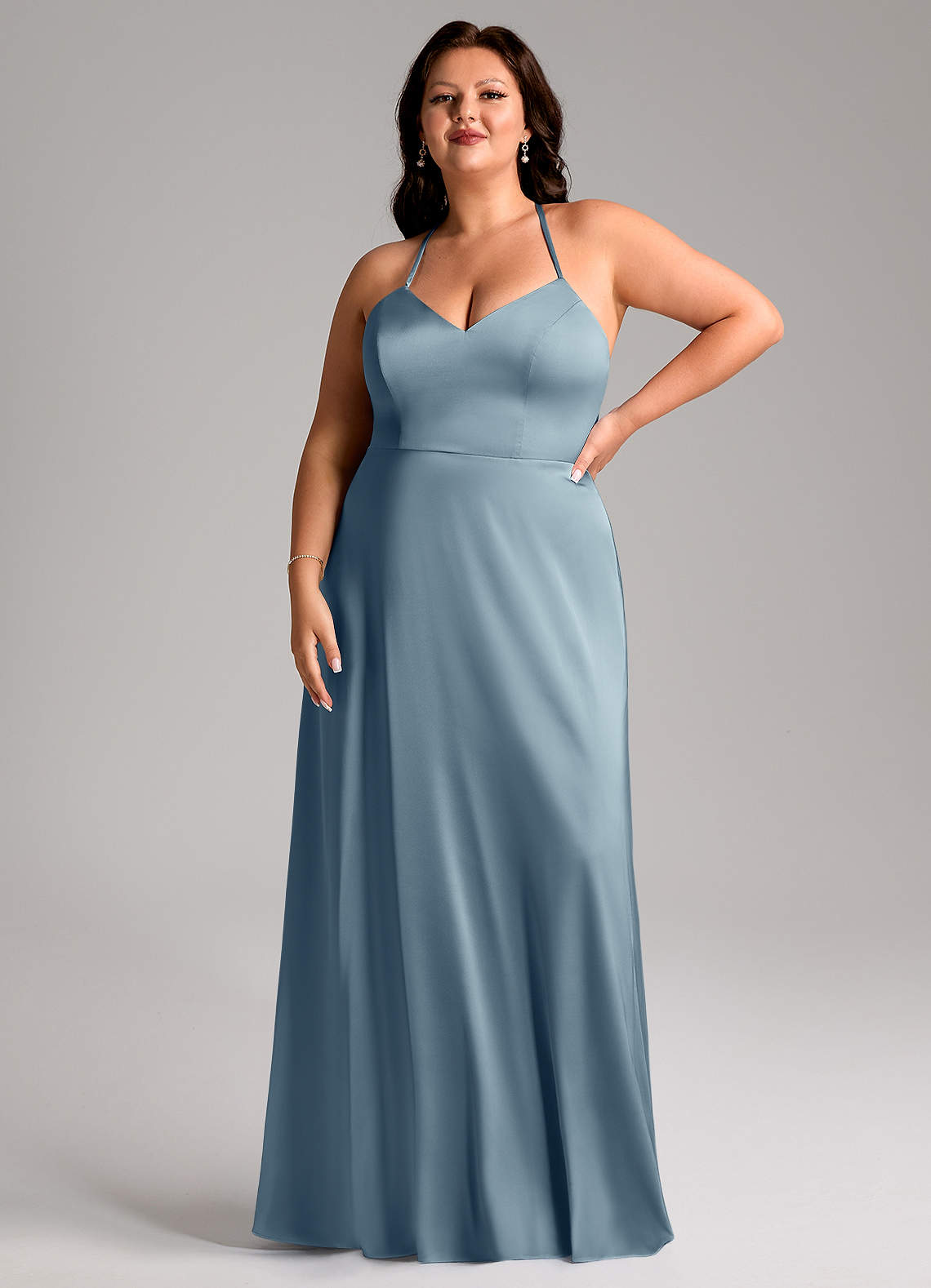 Azazie Mei Bridesmaid Dresses Dusty Blue A-Line V-Neck Stretch Satin Dress image1