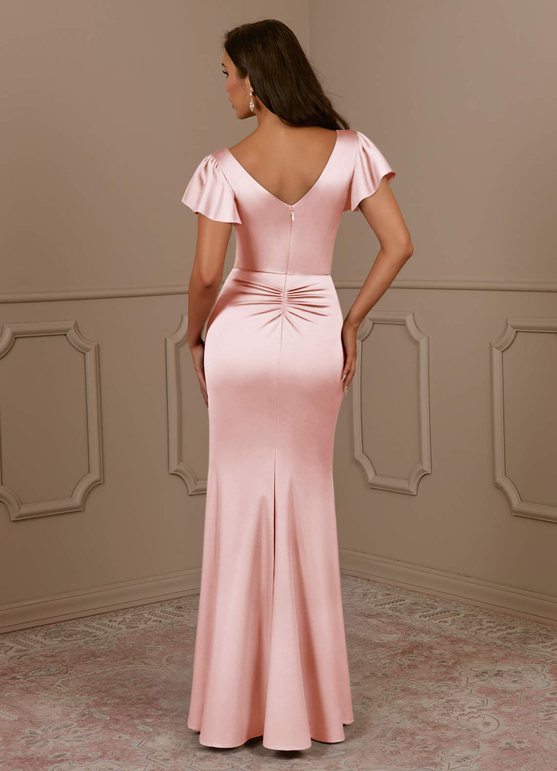 Azazie Roya Mother of the Bride Dresses Blushing Pink Mermaid V-Neck Pleated Stretch Satin Dress image3