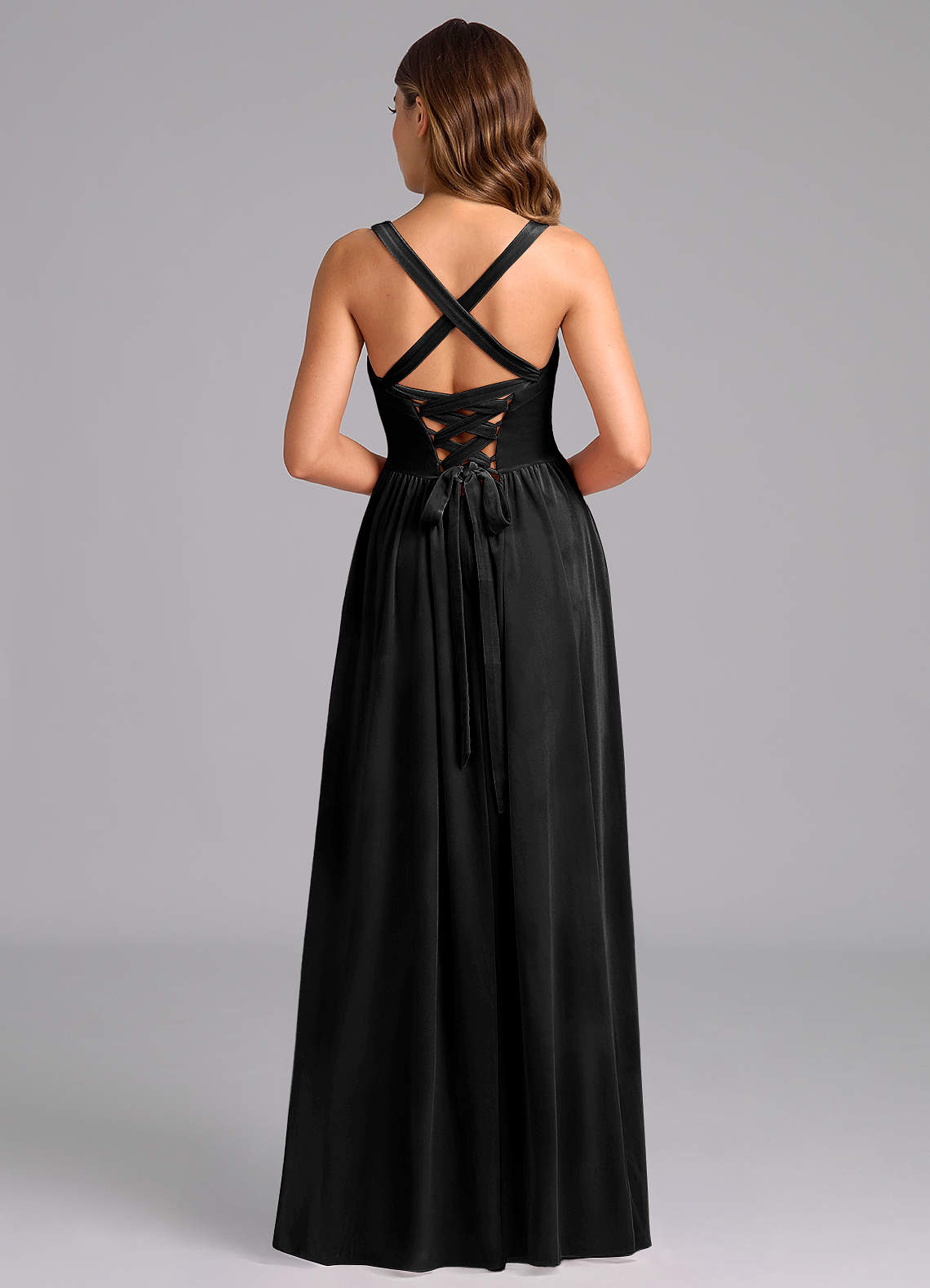 Azazie Francis Vestidos de madrinha de casamento Vestido Preto de Veludo de Linha A com Espartilho image4