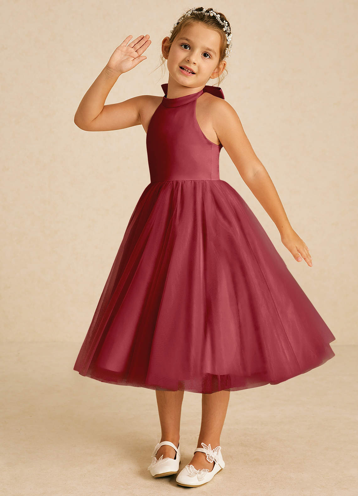 dora a line dress in pink Azazie Dora Salmon Pink A-Line Bow Tulle Dress