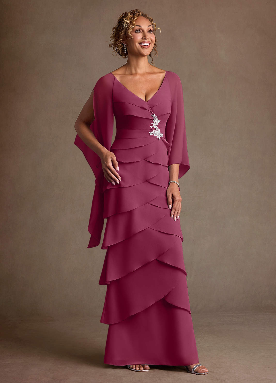 Azazie Arabinda Mulberry Sheath Ruched Chiffon Dress Ready to Ship