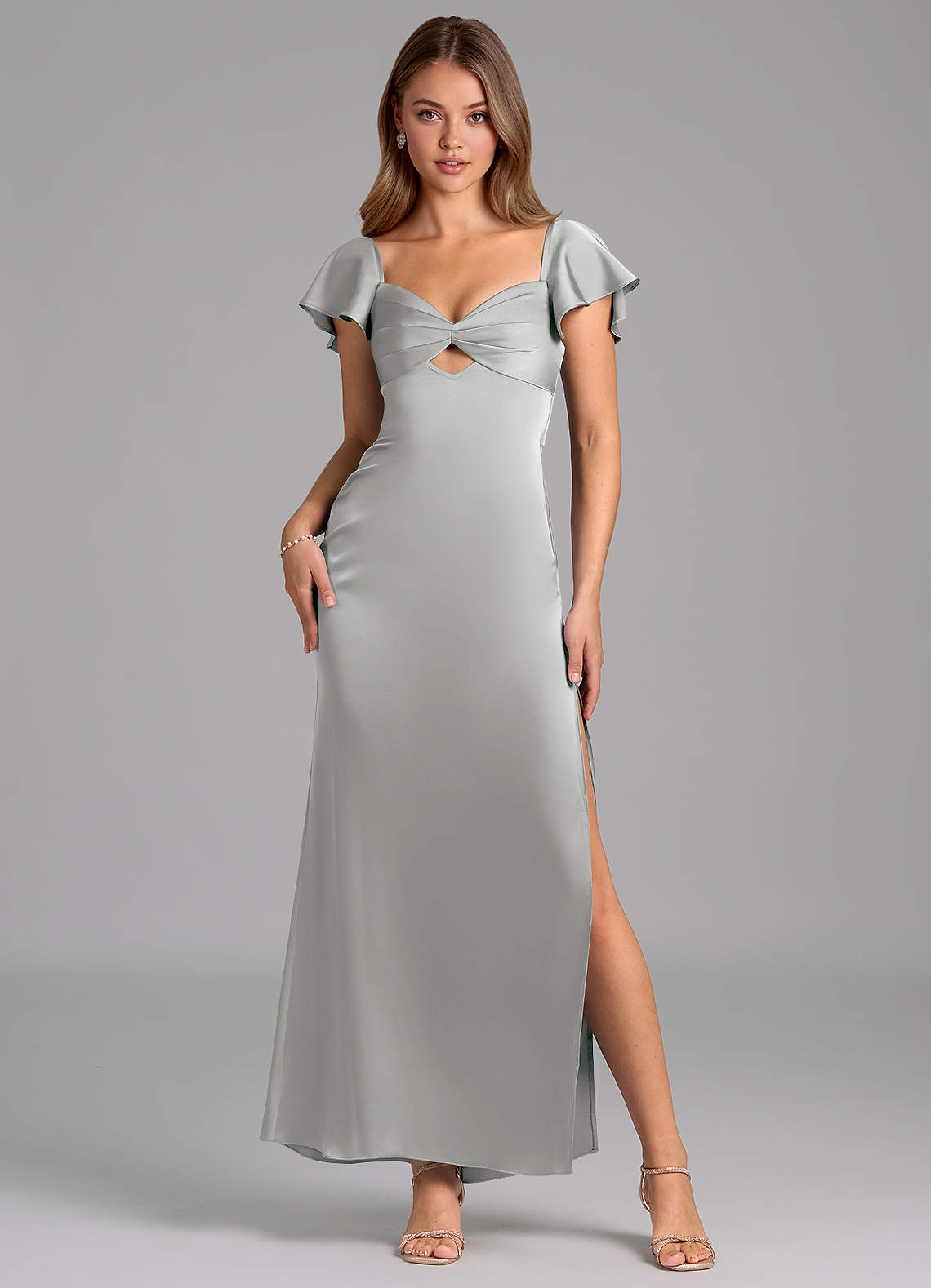 grey sweetheart neckline dress Azazie Demia