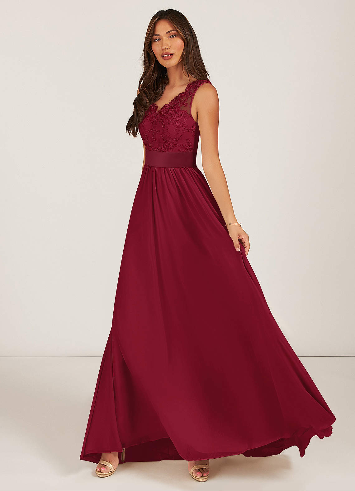 Azazie Gertrude Abiti da Damigella Abito A-Line in Chiffon Pizzo Borgogna image2