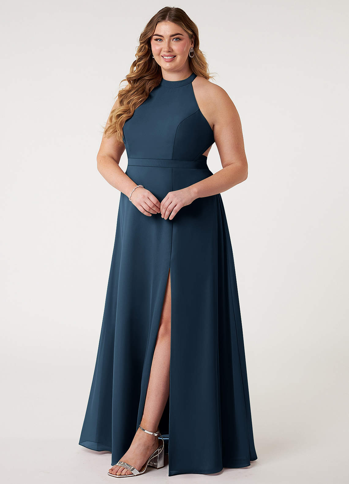 long navy blue bridesmaid dresses plus size Azazie A-Line Halter Neck Floor-Length Chiffon Add a touch of season_Winter Australian Plus Sizes Dresses Color:BLACK/CREAM