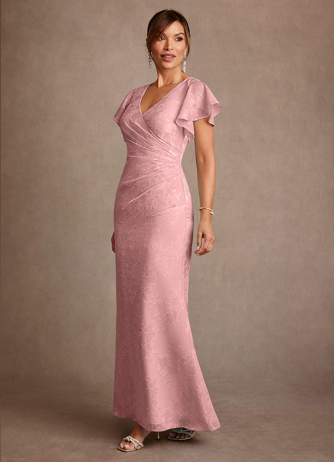 Azazie Dorina Final Sale Dusty Rose Sheath Pleated Floral Jacquard Dress image3
