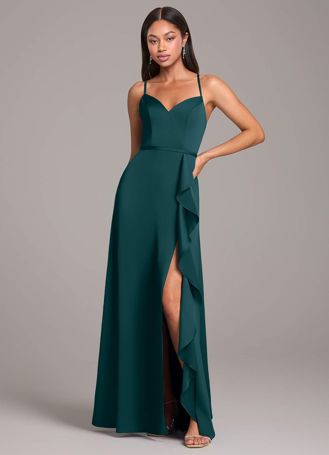 Azazie Naeem Bridesmaid Dresses Pine A-Line Stretch Satin Dress image1