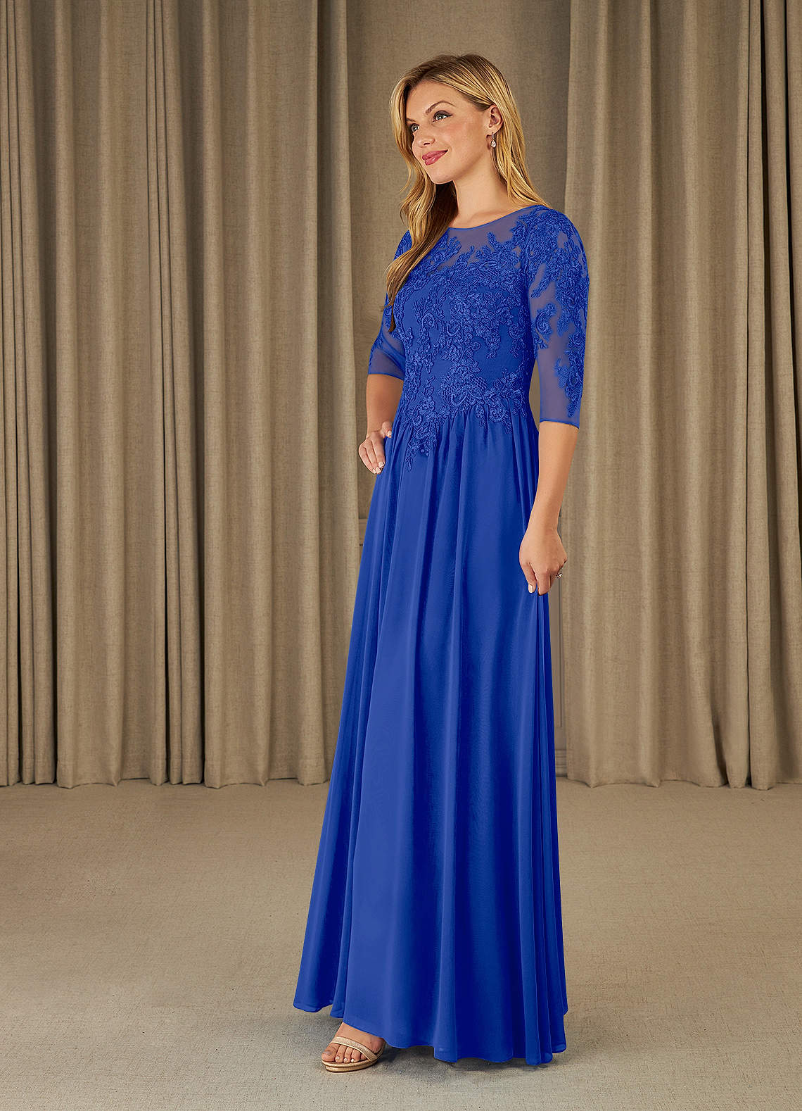 Azazie Mirielle Kleider für die Brautmutter A-Linie Schaufel Spitze Chiffon Kleid Königsblau image2