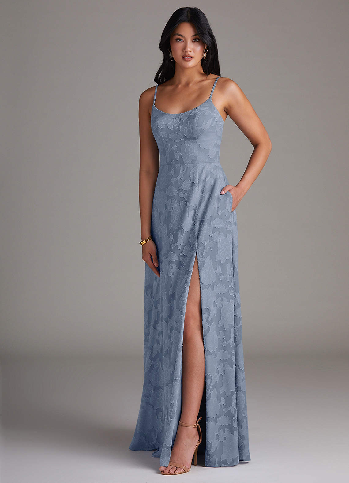 Azazie Moira Bridesmaid Dresses Dusty Blue A-Line Side Slit Floral Burnout Dress image2