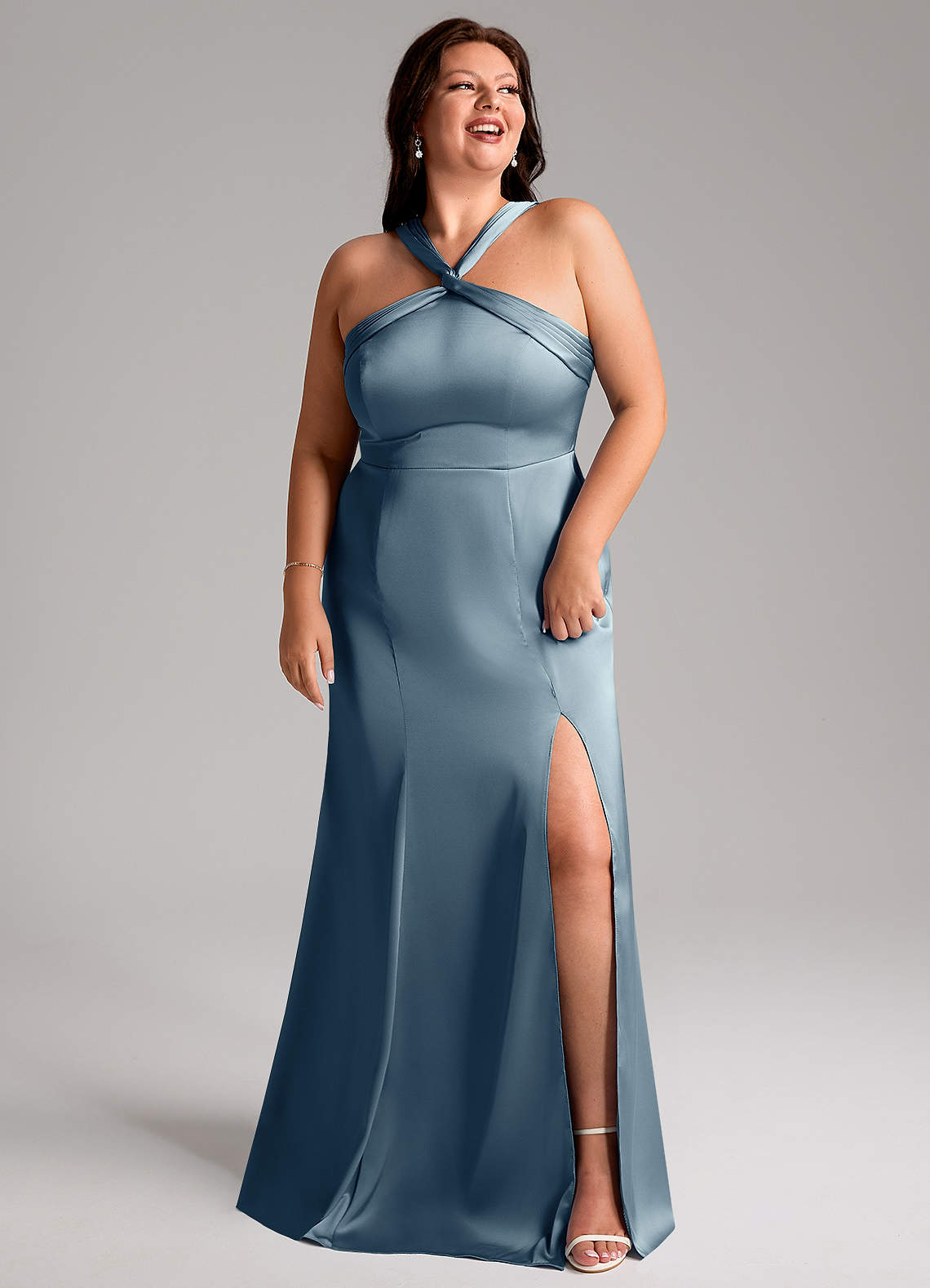 Azazie Rue Bridesmaid Dresses Dusty Blue A-Line Pleated Stretch Satin Dress image10