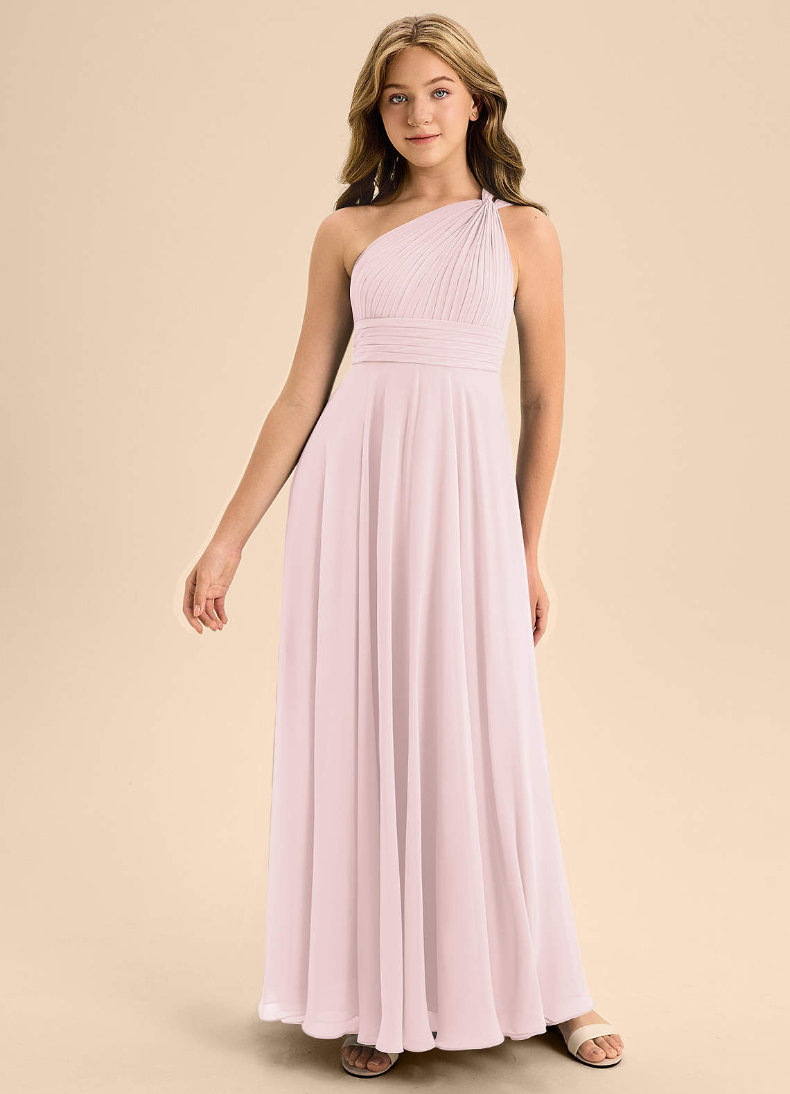 Azazie Charlize Junior Blushing Pink A-Line Pleated Chiffon Dress image2
