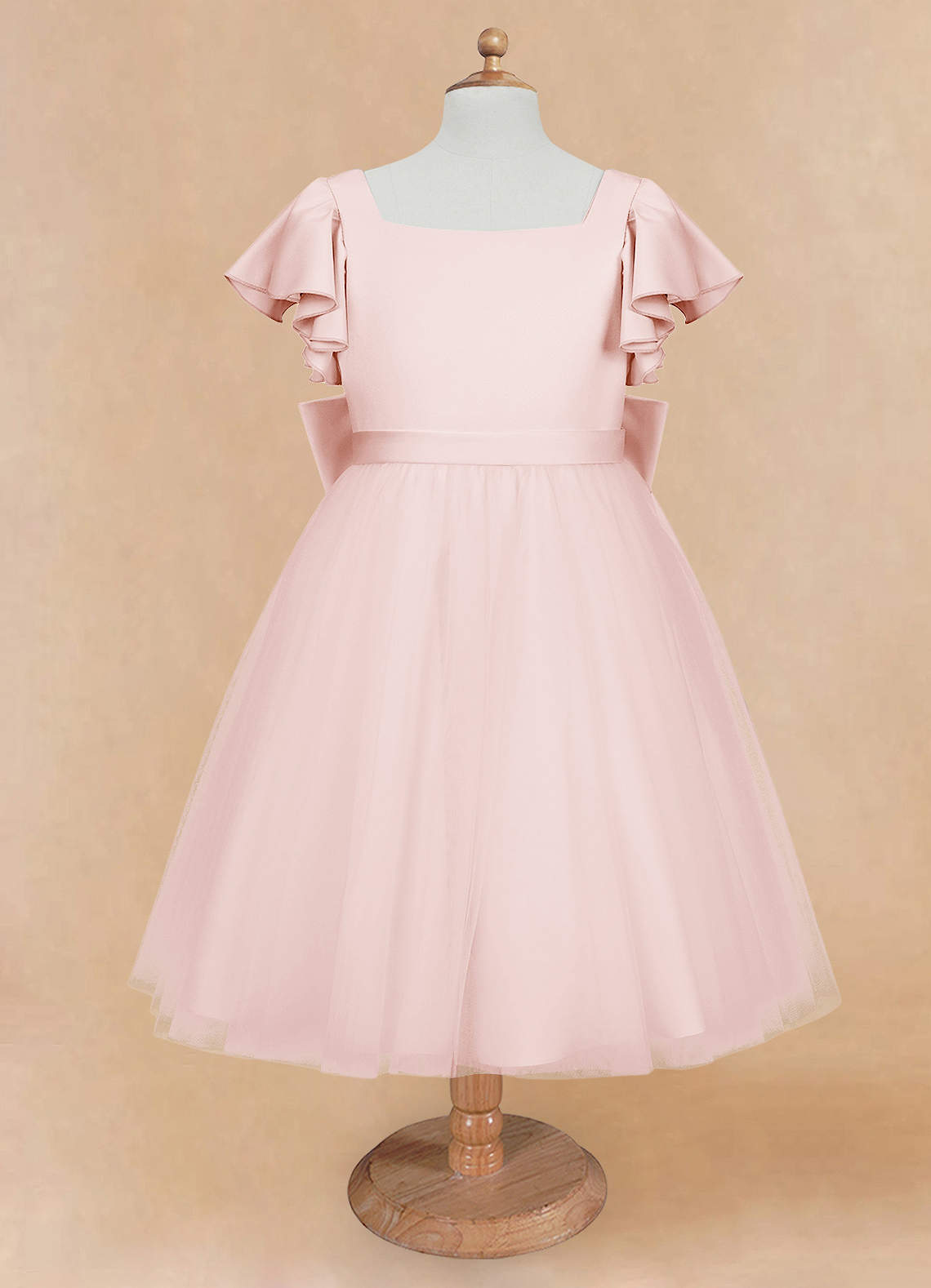 Azazie Kaeya Robe Demoiselle D'honneur Fillette Robe Trapèze en Tulle Arc Rose Pâle image4