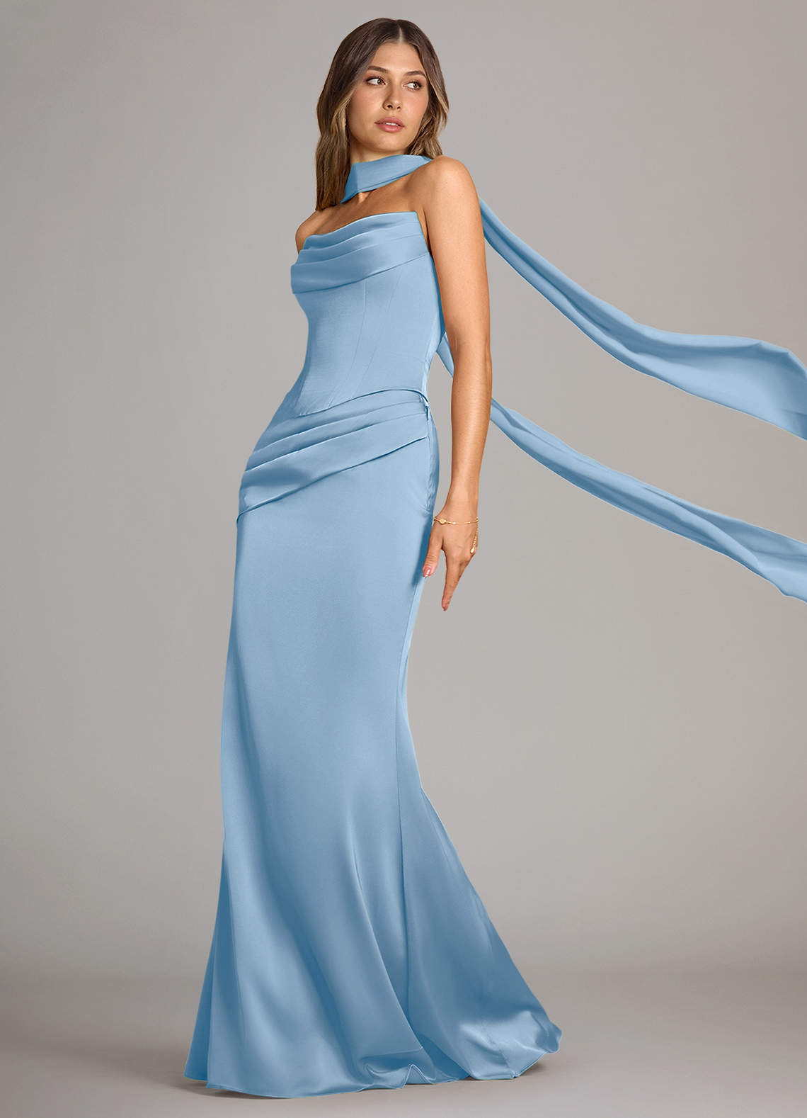 Azazie Sorrel Bridesmaid Dresses Powder Blue Mermaid Strapless Stretch Satin Convertible Dress image4
