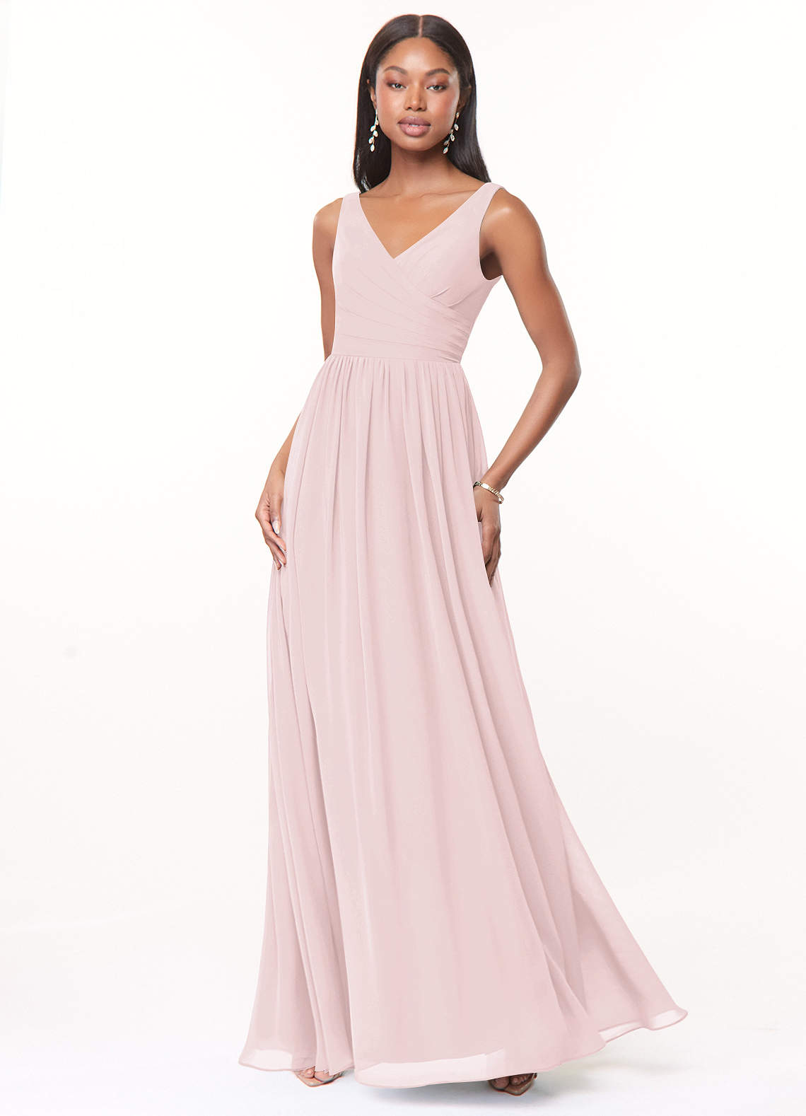 Azazie Keyla Bridesmaid Dresses Blushing Pink A-Line V-Neck Pleated Chiffon Dress image1