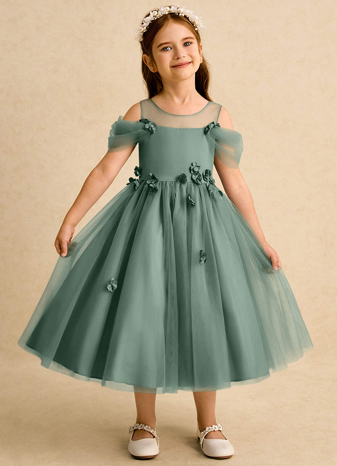 Azazie Juni Flower Girl Dresses Eucalyptus Ball-Gown Pleated Tulle Dress image1