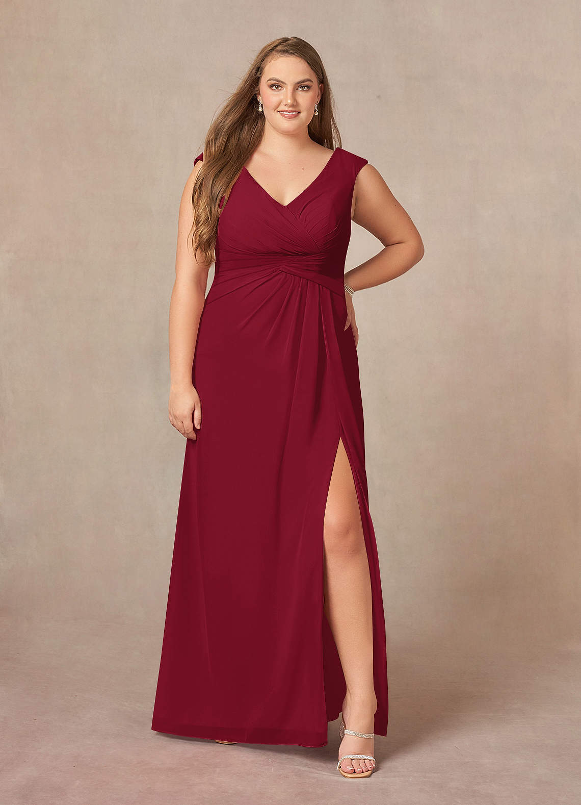 Azazie Sally Burgundy A-Line V-Neck Pleated Chiffon Dress Ready to Ship |  Azazie