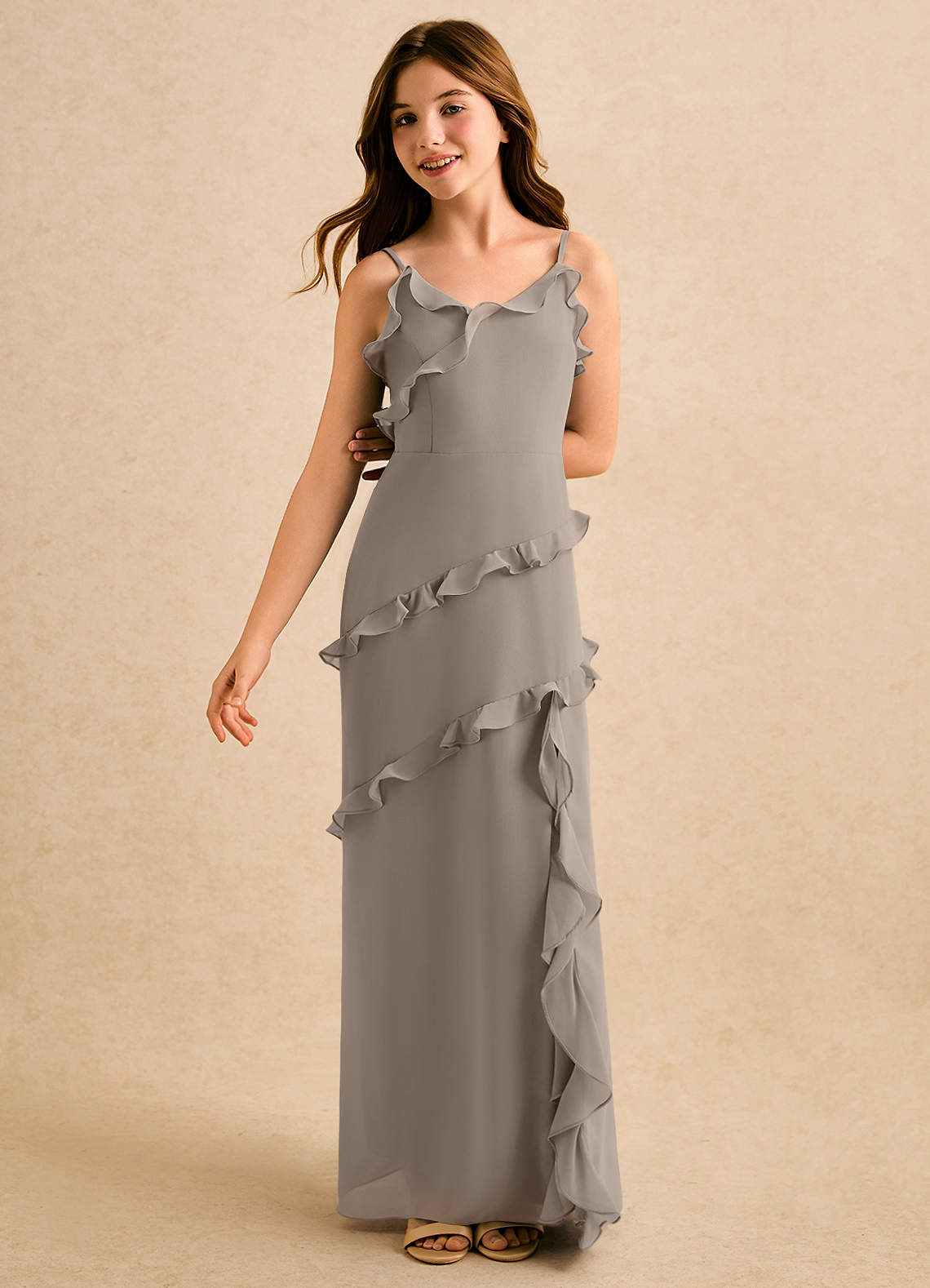 Azazie Lola Girls Formal Taupe A-Line Ruched Chiffon Dress