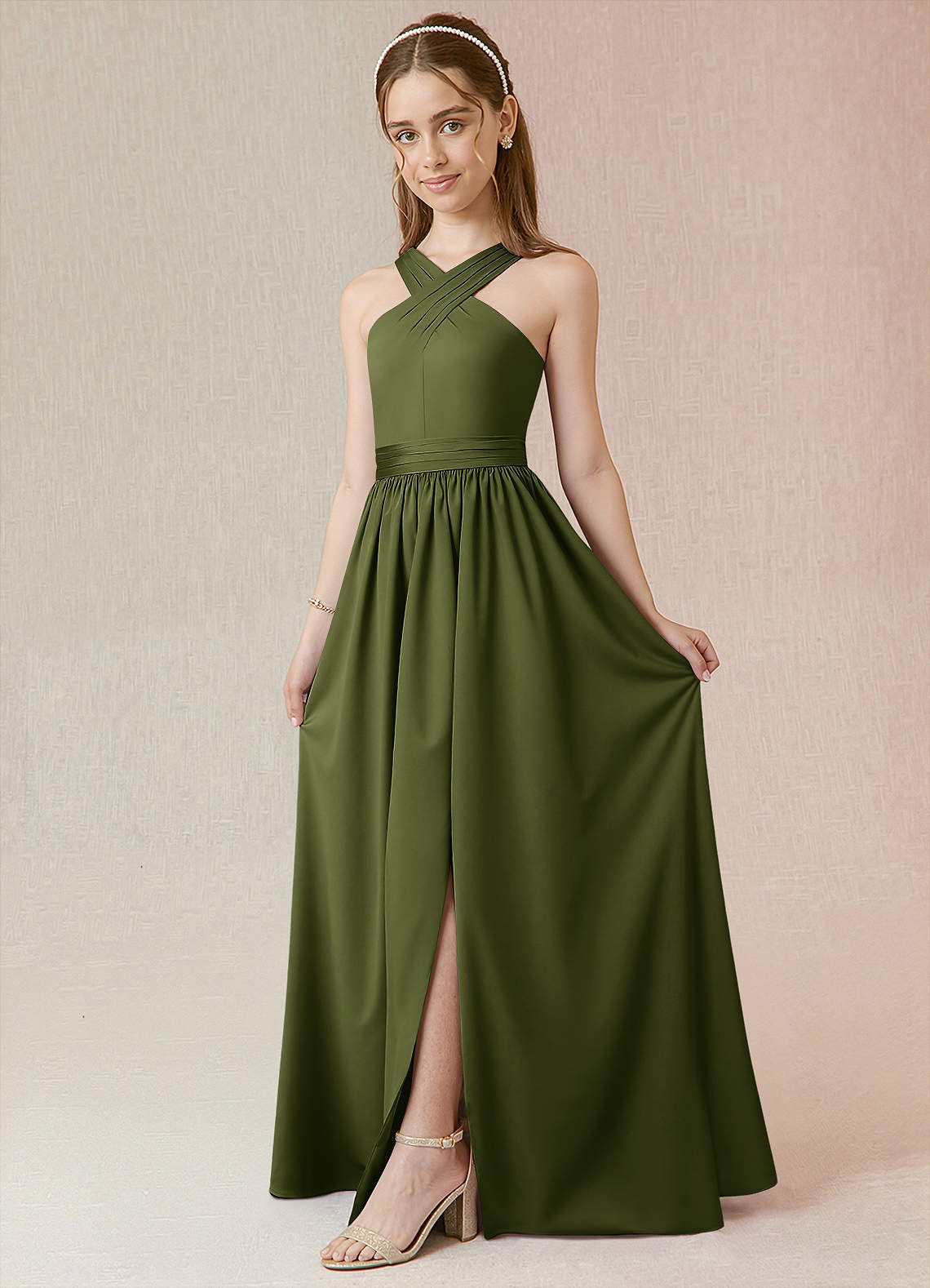 Azazie Jiya Junior Olive A-Line Pleated Stretch Satin Dress image1