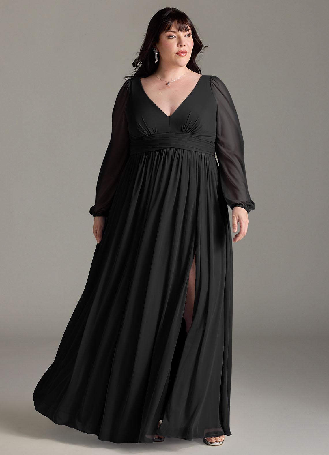 Azazie Norah At-home Try On Dresses Black A-Line V-Neck Long Sleeve Chiffon Dress image5