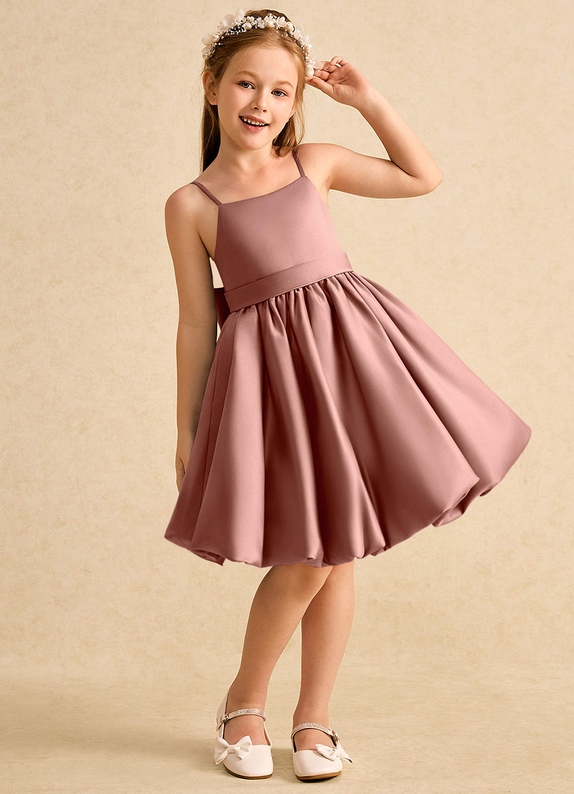Azazie Davine vestidos de niña de las flores Vestido de Rosa De Cedro de Satin Mate de Corte En A con Tirante Espagueti image3
