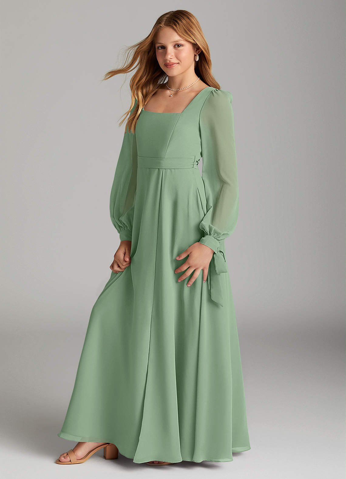 Azazie Leonia Junior Matcha A-Line with Pockets Chiffon Dress image3