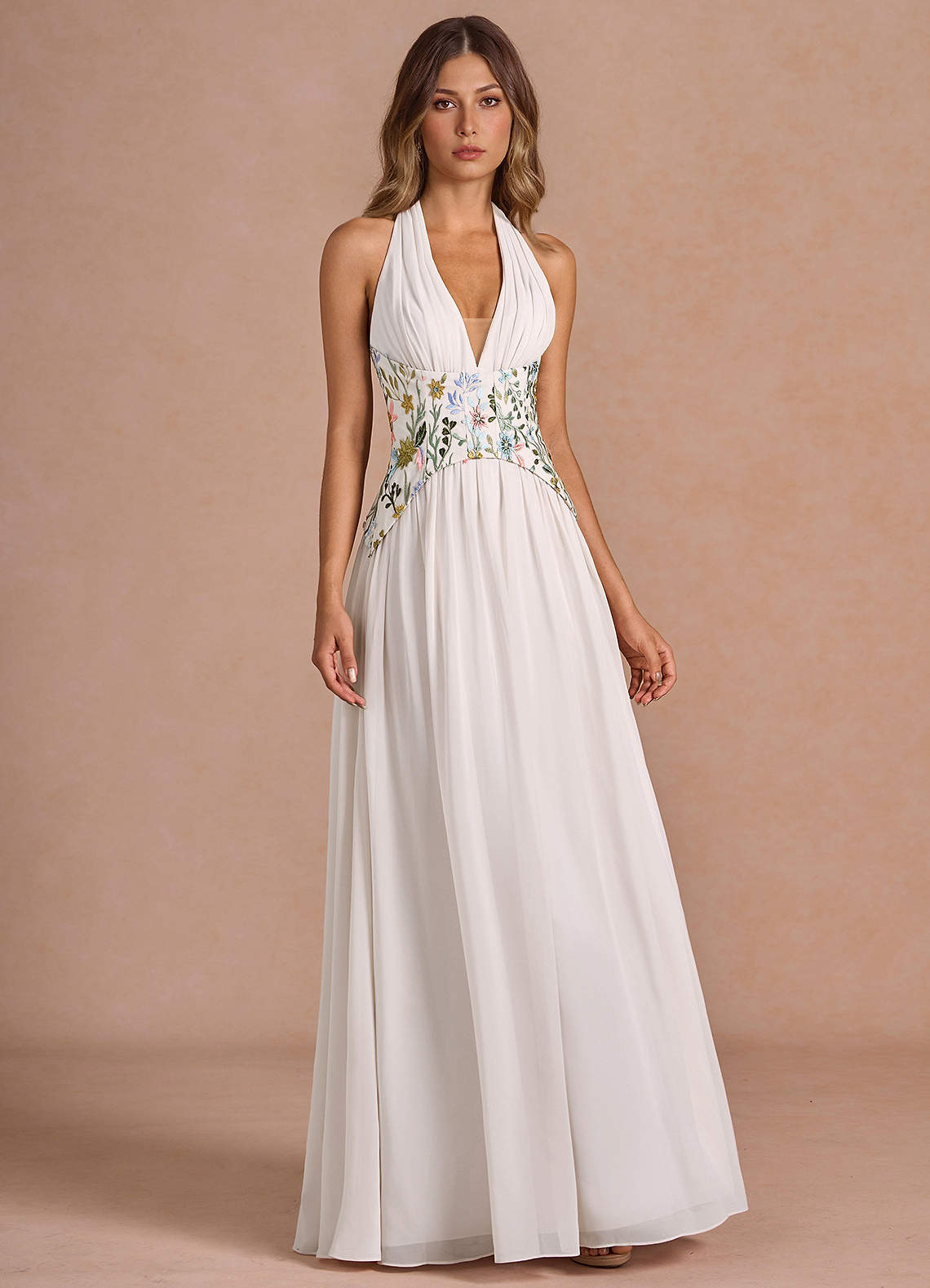 Azazie Maxi Dresses A-Line Formal Dresses Halter Embroidery White