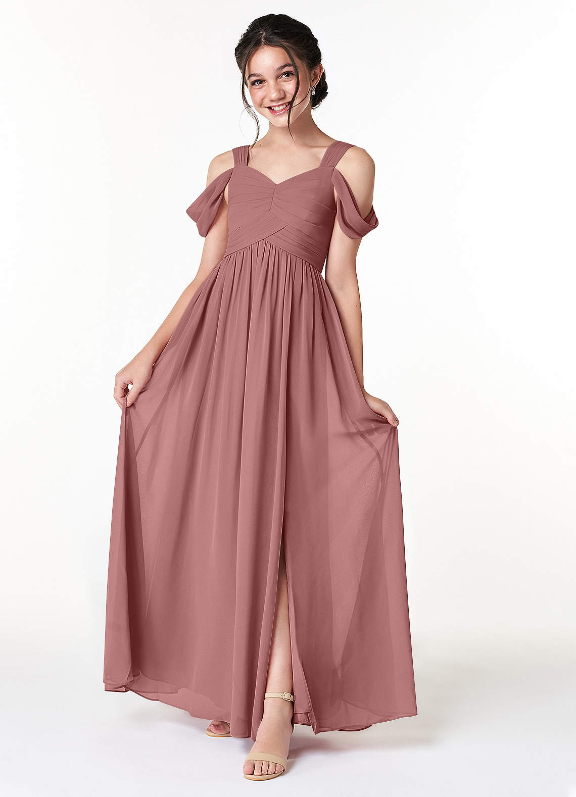 Azazie Lianne Junior Desert Rose A-Line Off the Shoulder Chiffon Dress image1