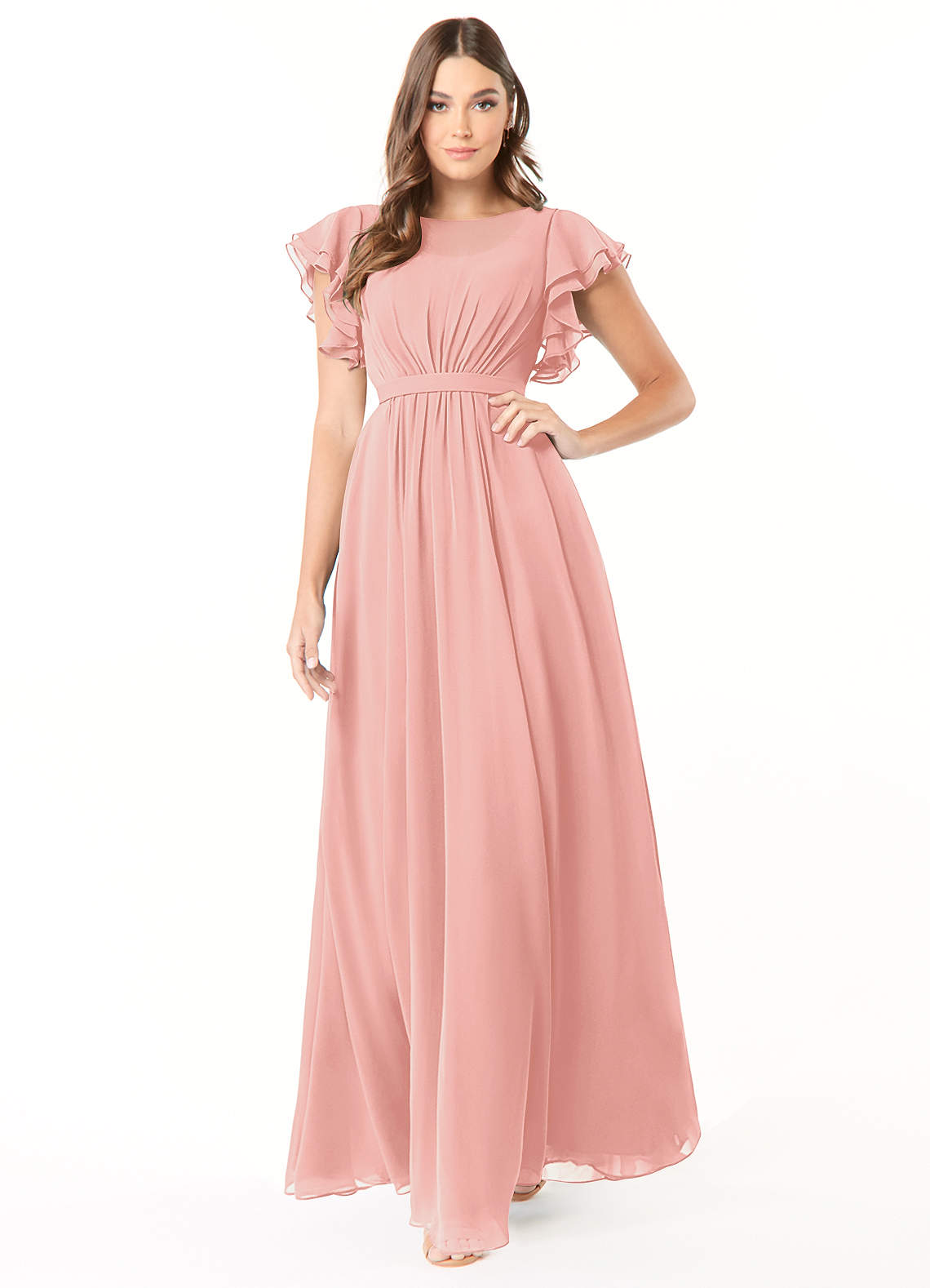 Azazie Daphne Modest Bridesmaid Dresses A-Line Ruffled Chiffon Floor-Length Dress image1