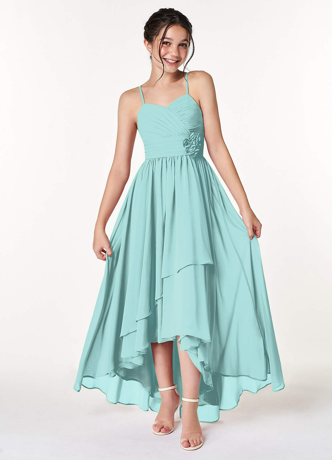 Azazie Catalina Junior Robe Trapèze en Mousseline de soie Rayé Aqua image1