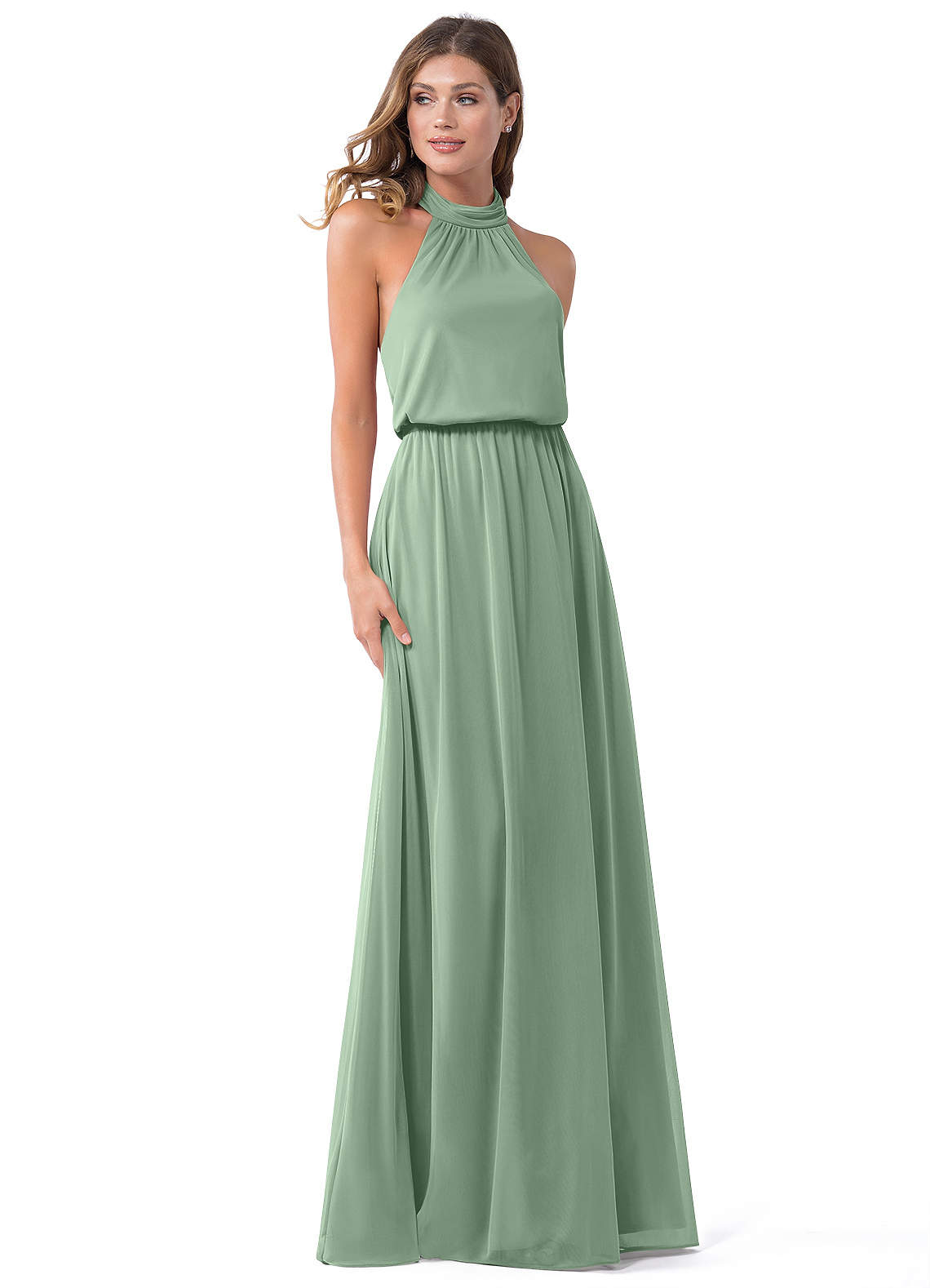 Azazie Landry Vestidos de damas de honor Vestido de Matcha de Malla de Corte en A con Plisado image1