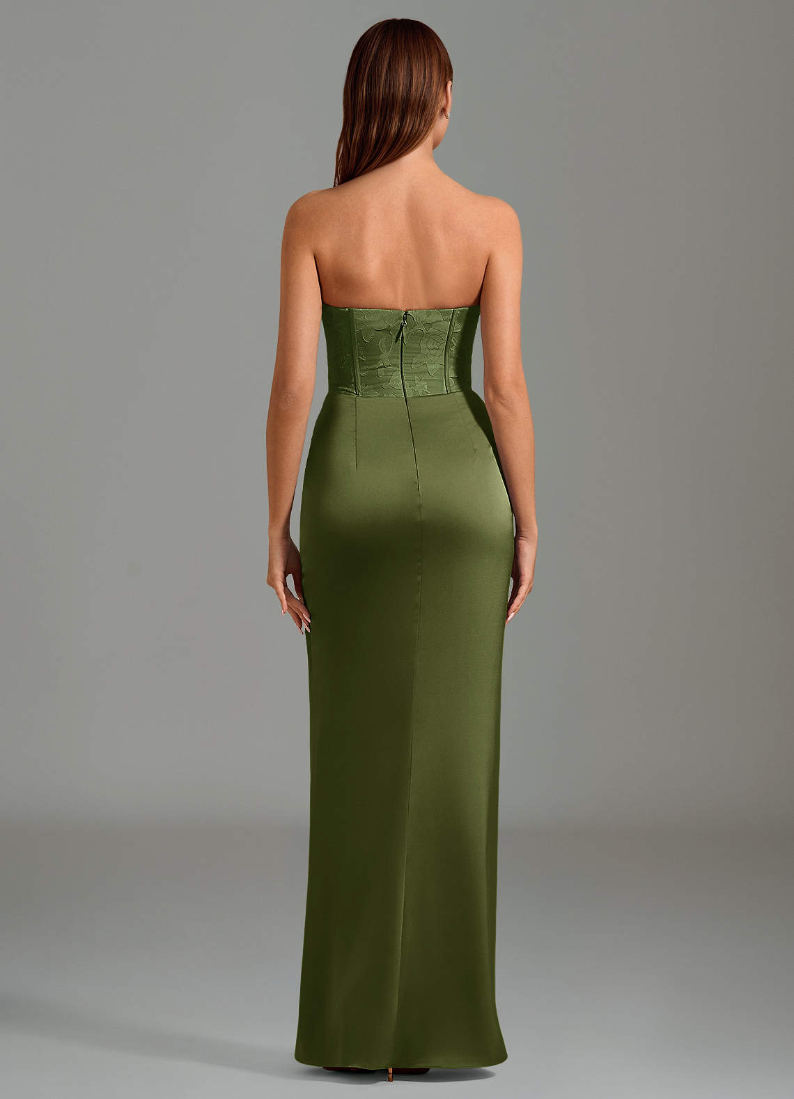 Azazie Emilia Vestidos de madrinha de casamento Vestido Oliva de Cetim elástico de sereia com Sem alças image1