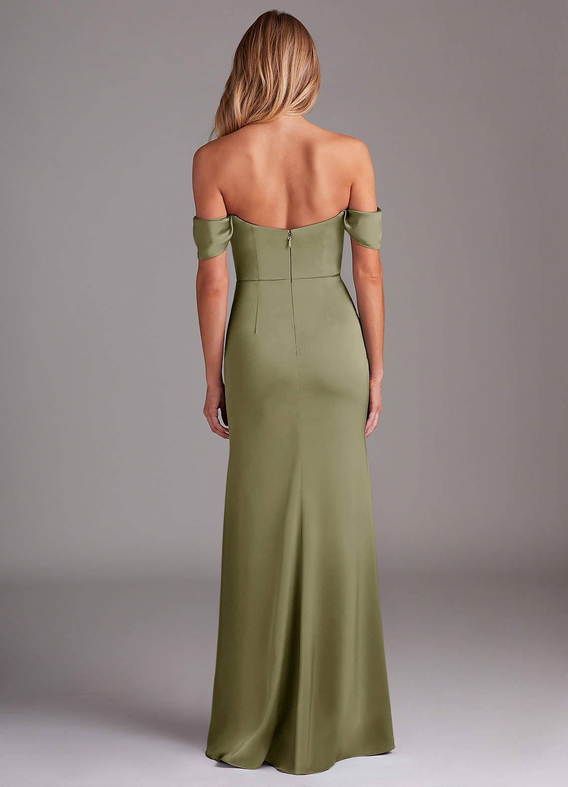 Azazie Saige Bridesmaid Dresses Pistachio Sheath Off the Shoulder Stretch Satin Dress image9