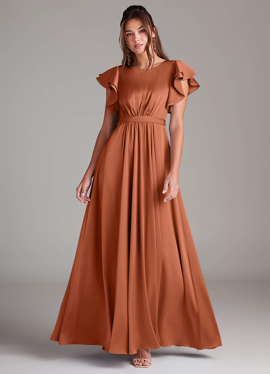 Azazie Daphne Modest Bridesmaid Dresses A-Line Ruched Stretch Satin Floor-Length Dress image1