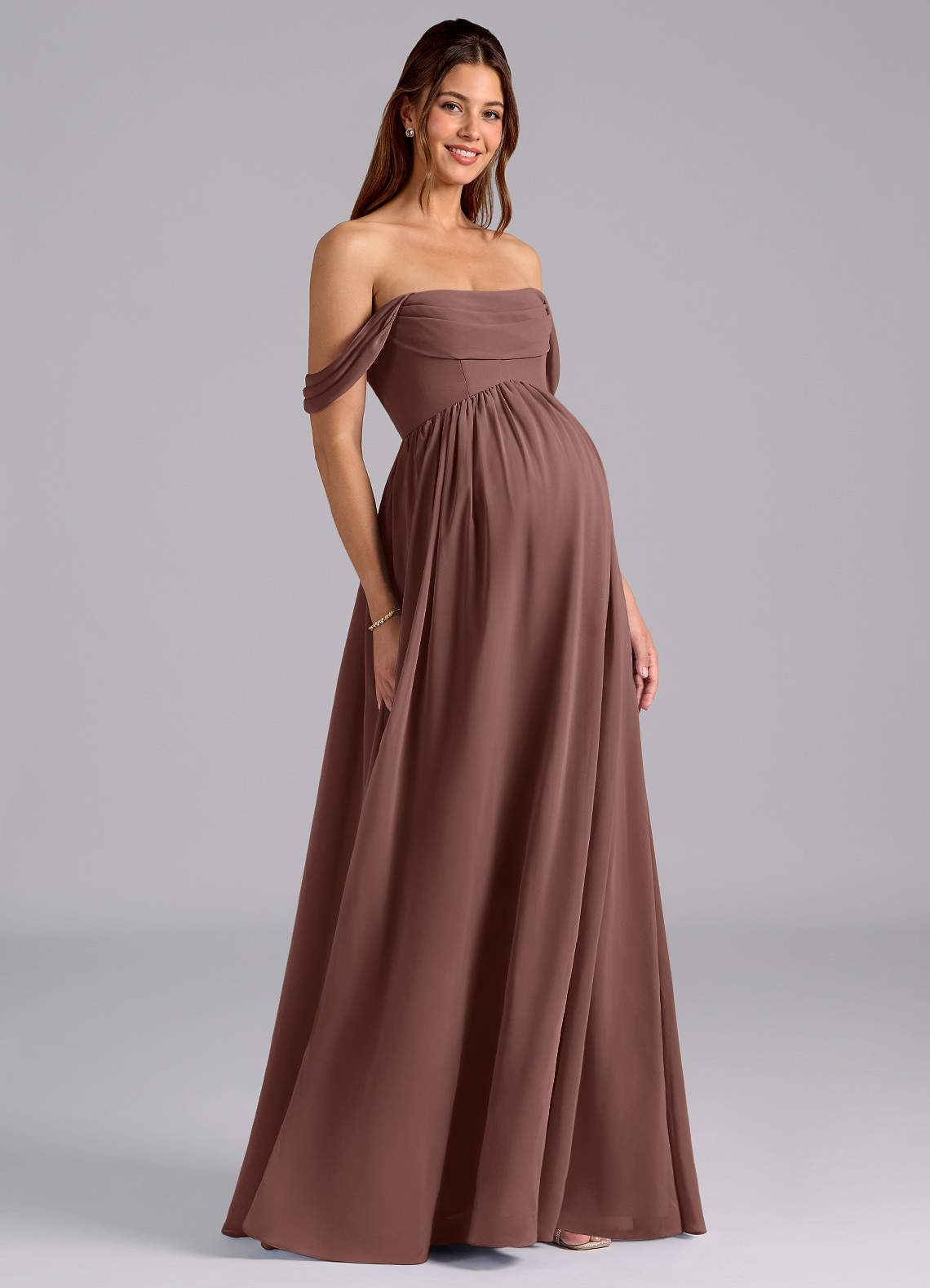 Azazie Saige Robes de demoiselle d'honneur de maternité Robe Trapèze Plissée Longueur ras du sol Mousseline de soie image1
