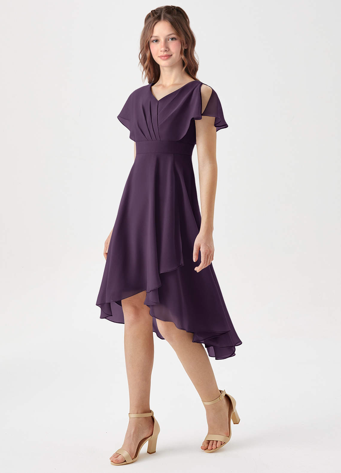 Azazie Graciela Junior Plum A-Line Pleated Chiffon Dress image1