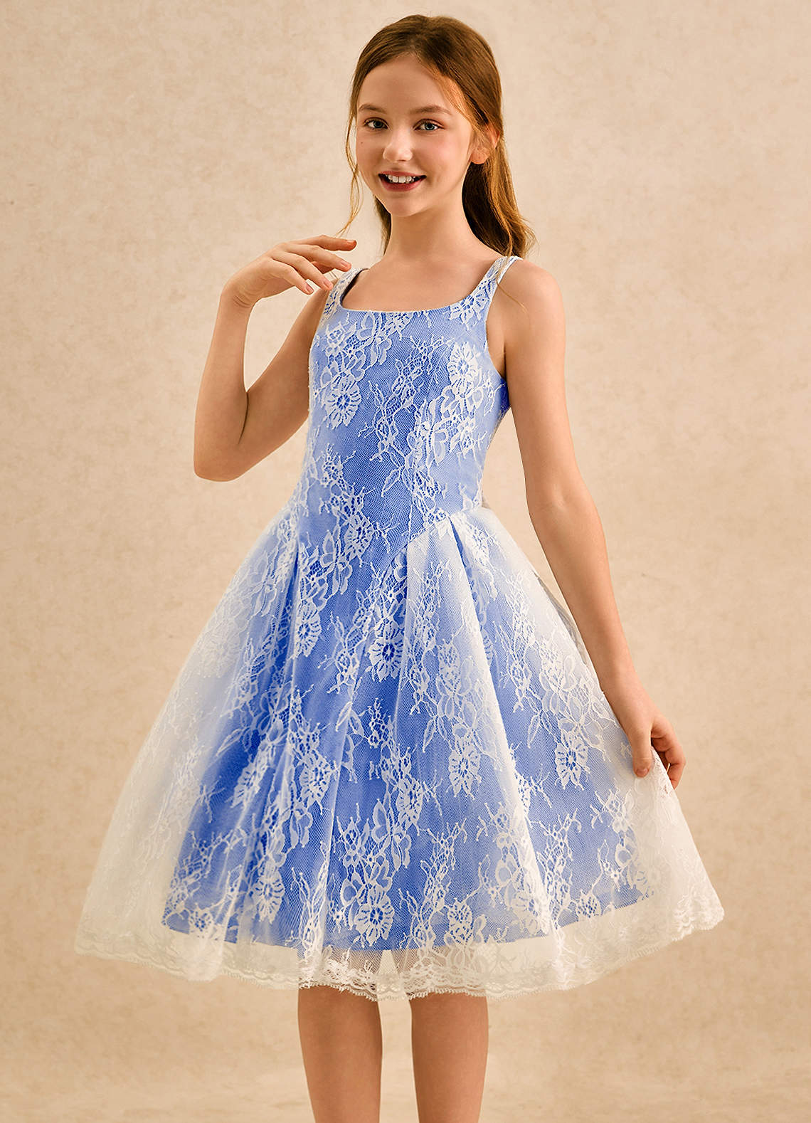 Azazie Cubbie Girls Formal Robe Demoiselle D'honneur Fillette Robe Trapèze en Dentelle Bleu Roi image2