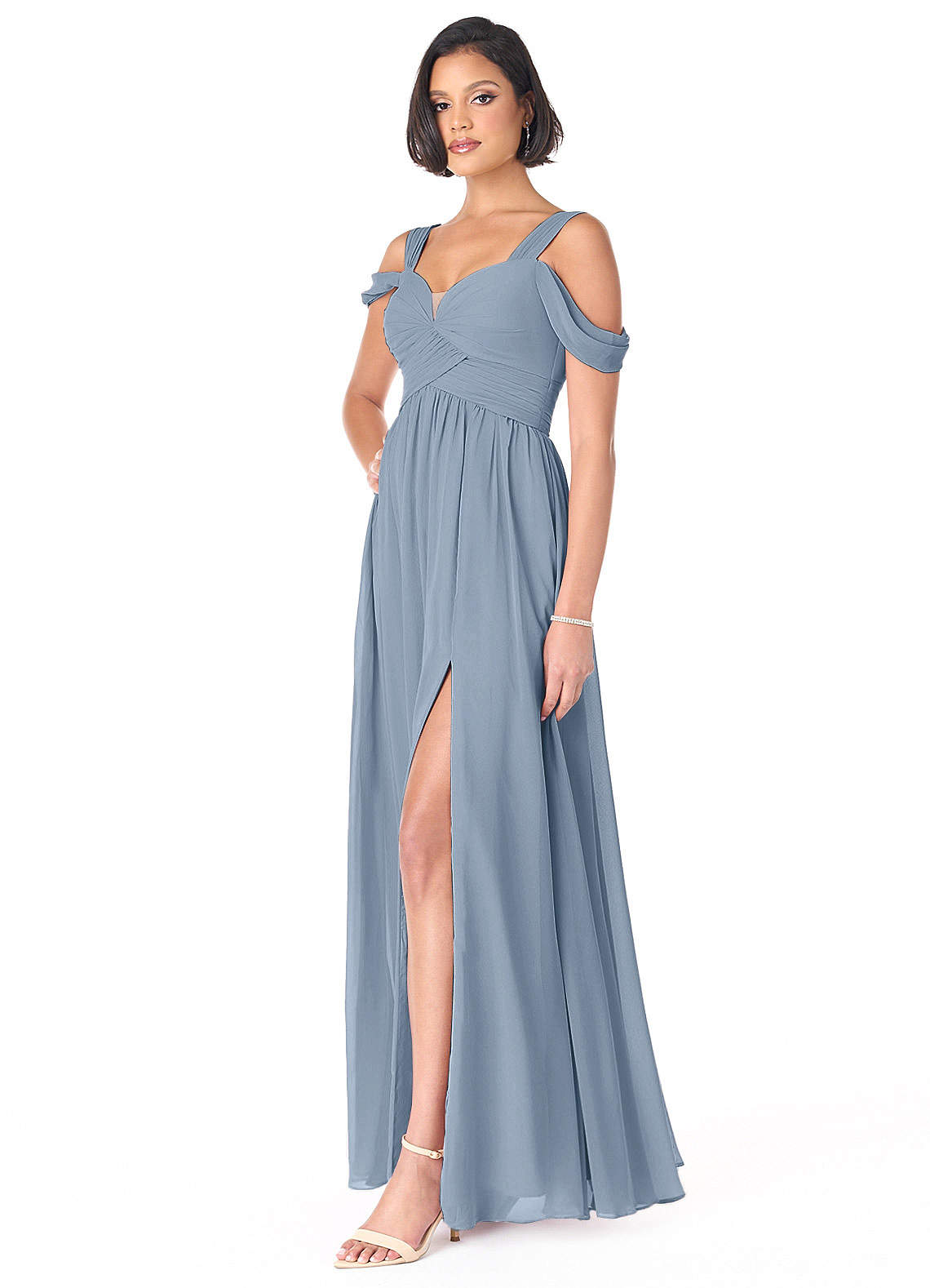 Azazie Lianne Bridesmaid Dresses Dusty Blue A-Line Off the Shoulder Chiffon Dress image5