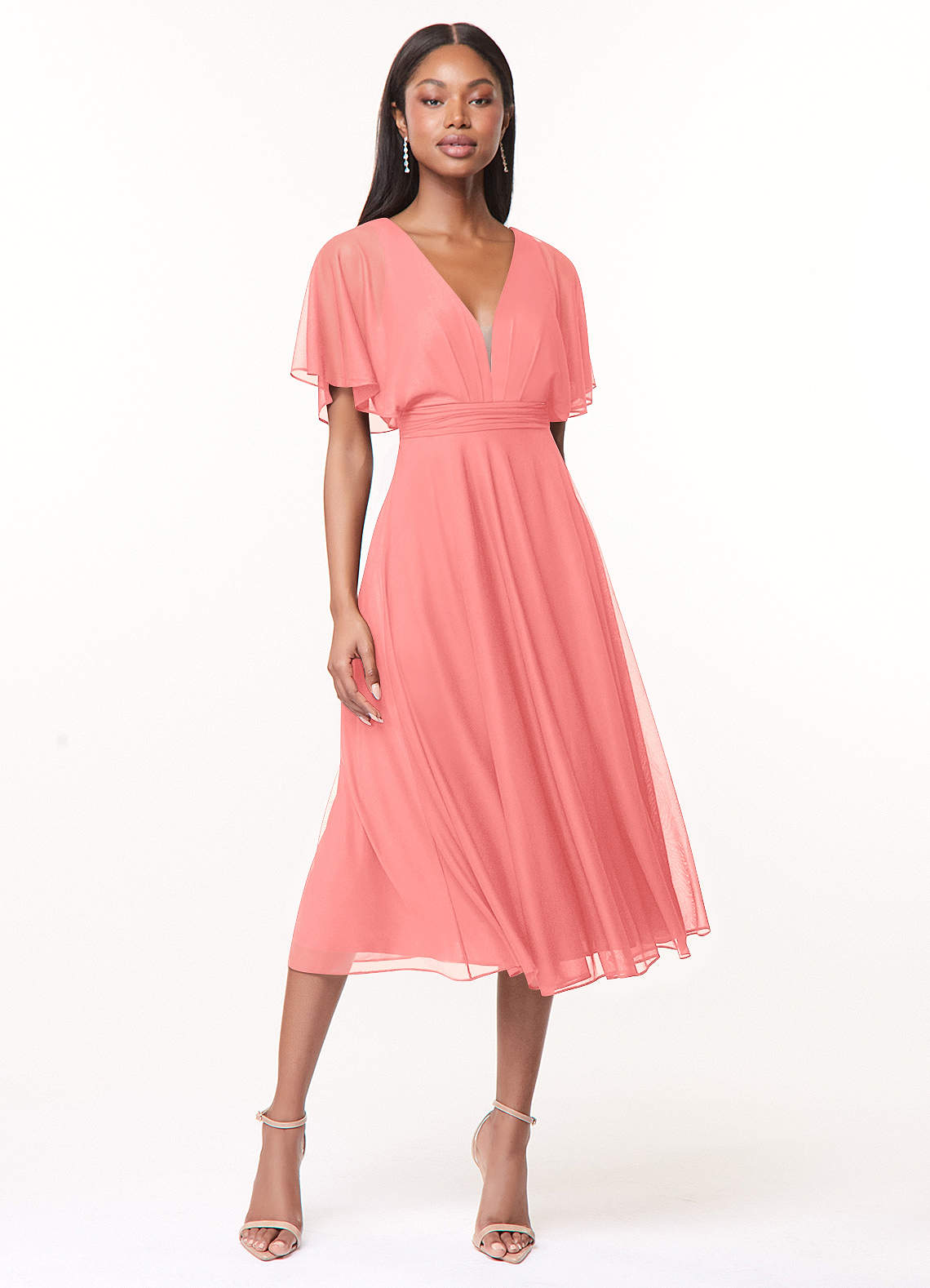 Azazie Tinsley Bridesmaid Dresses Coral A-Line Pleated Mesh Dress image1