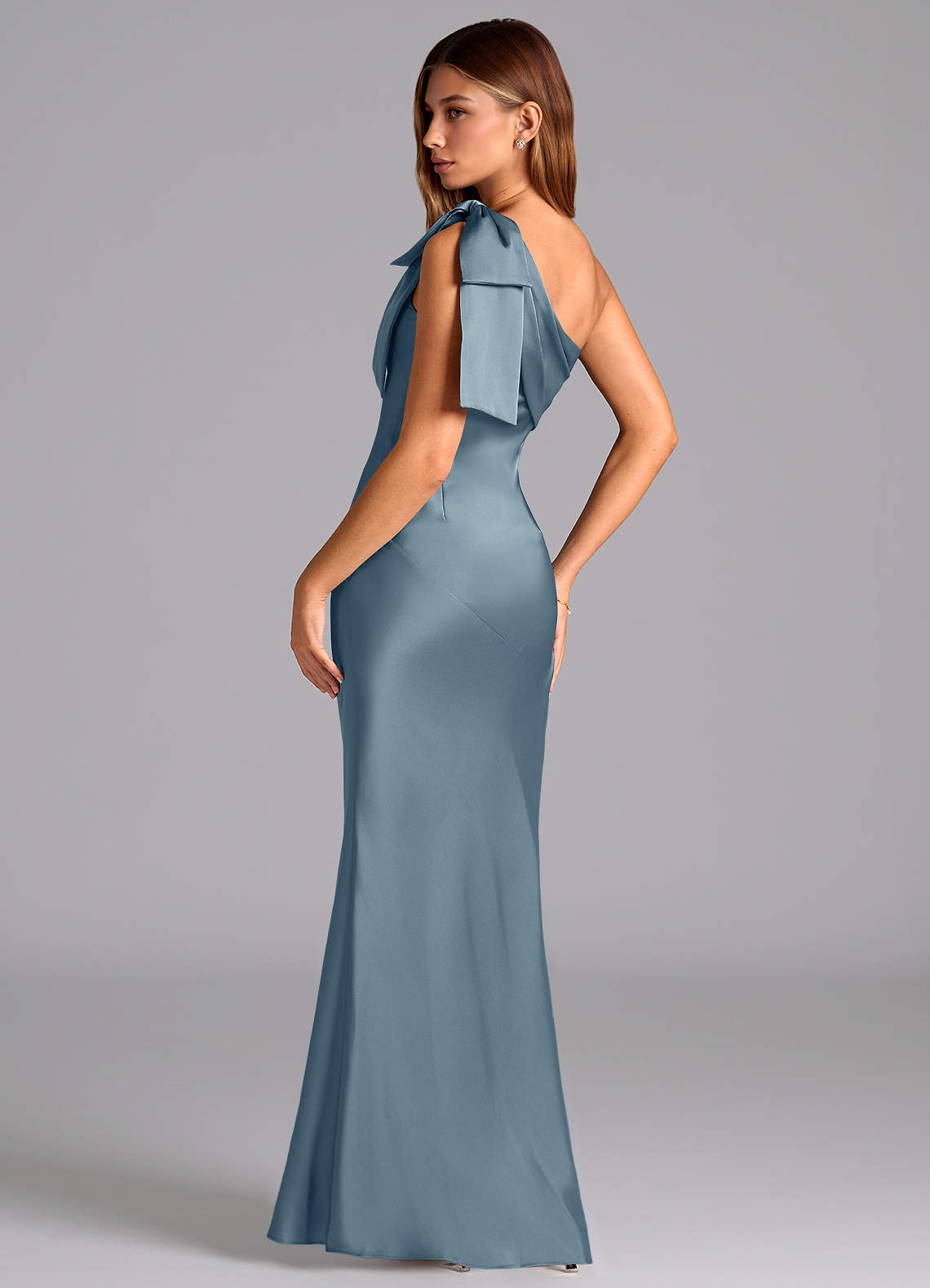 Azazie Yuanna Bridesmaid Dresses Dusty Blue Mermaid One Shoulder Stretch Satin Dress image5